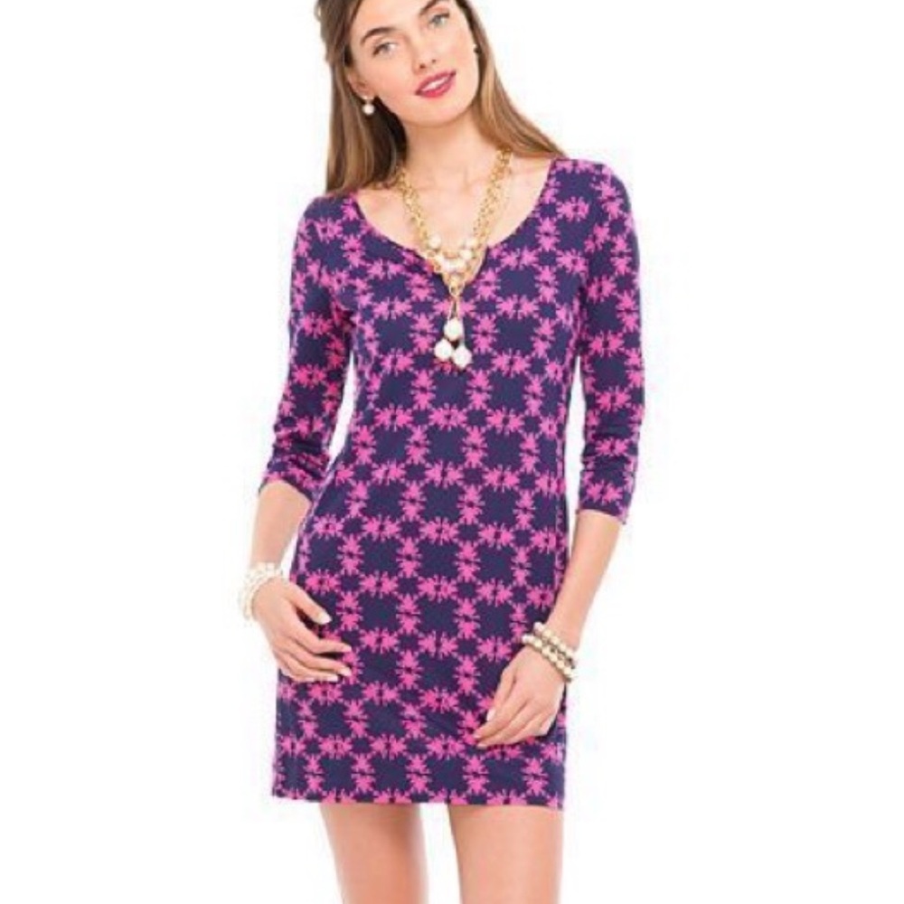 Lilly Pulitzer Get Hoppy Frog Print Pink Navy Blue Cotton Gretchen Dress Size S